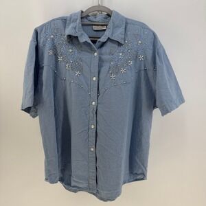 Allyson Whitmore Button Up Womens 1X Blue‎ Embroidered Beaded Western Boho Shirt